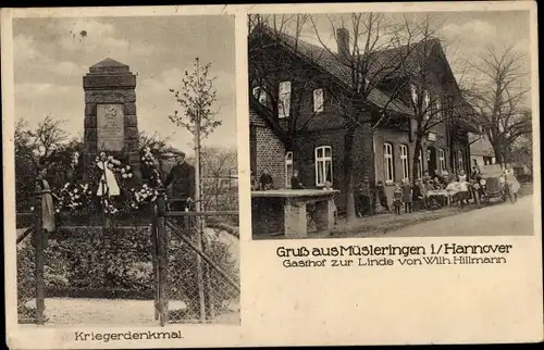 Ak Müsleringen Stolzenau an der Weser, Gasthof zur Linde, Kriegerdenkmal