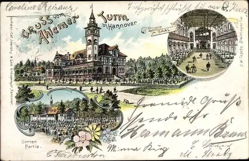 Litho Ahlem Hannover in Niedersachsen, Ahlemer Turm, Gastwirtschaft, Saal, Gartenpartie
