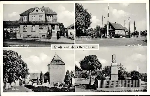 Ak Groß Ellershausen Göttingen in Niedersachsen, Kirche, Bahnhof, Geschäftshaus Voigt, Ehrenmal