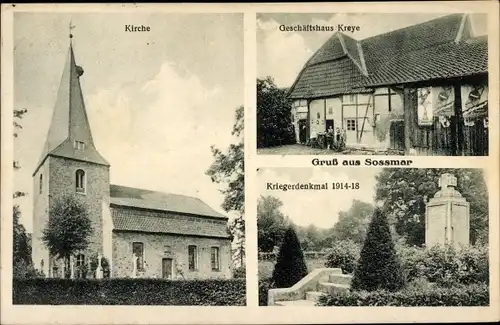 Ak Sossmar Soßmar Hohenhameln in Niedersachsen, Kirche, Kriegerdenkmal, Geschäftshaus Kreye