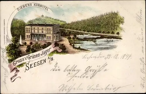 Litho Seesen am Harz, Siebers Kurhotel, Gruß vom Grünen Jäger