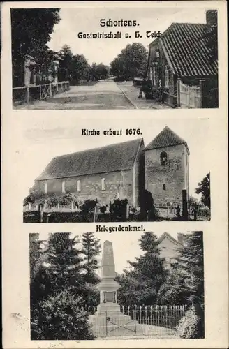 Ak Schortens in Ostfriesland, Gastwirtschaft, Kirche, Kriegerdenkmal