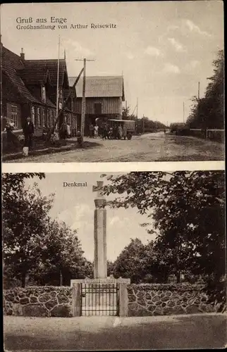 Ak Enge Sande in Nordfriesland, Großhandlung, Straßenpartie, Kriegerdenkmal