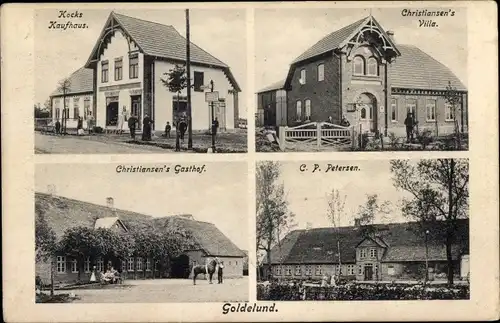 Ak Goldelund in Nordfriesland, Kocks Kaufhaus, Christiansens Kaufhaus, C. P. Petersen