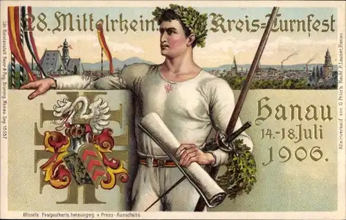 Wappen Ak Hanau am Main, 28. Mittelrheinisches Kreisturnfest, 14. - 18.07.1906