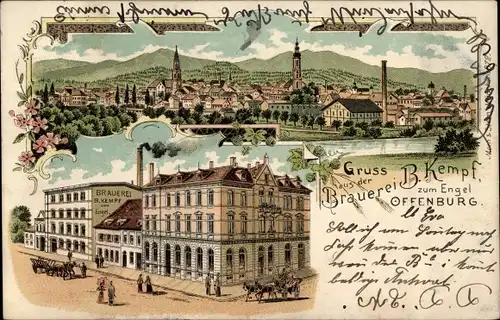 Litho Offenburg in Baden Schwarzwald, Brauerei zum Engel, B. Kempf, Gesamtansicht