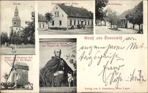 Ak Dennewitz Niedergörsdorf in Brandenburg, Kirche, Gastwirtschaft von Ziehe, Dorfstraße, Mühle