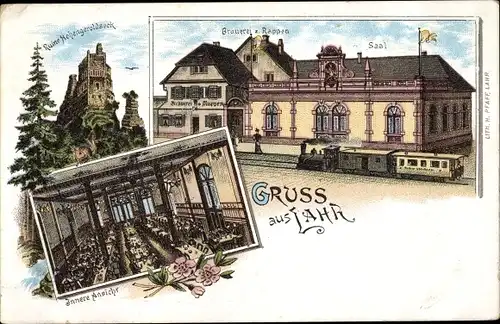 Litho Lahr im Schwarzwald Baden, Brauerei zum Rappen, Saal, Ruine Hohengeroldseck