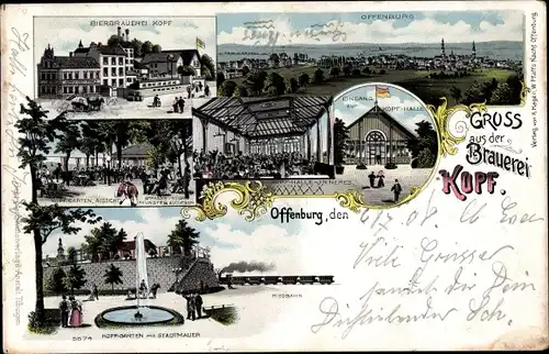 Litho Offenburg in Baden Schwarzwald, Bierbrauerei Kopf, Biergarten, Stadtmauer, Kopf-Halle