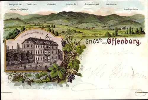 Litho Offenburg, Blick auf das Bahnhof Hotel v. L. Ketterer, Gebirge, Schloss Stauffenberg