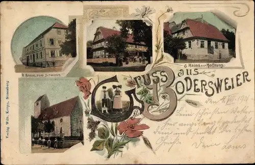 Ak Bodersweier Kehl am Rhein, Gasthaus zum Schwanen*, Gasthaus zur Hoffnung**, Kirche