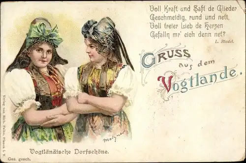 Künstler Litho Vogtländische Dorfschöne, Frauen in Volkstrachten