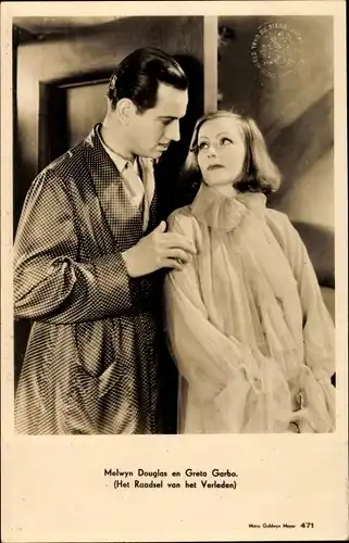 Ak Schauspieler Melvyn Douglas, Schauspielerin Greta Garbo, Filmszene