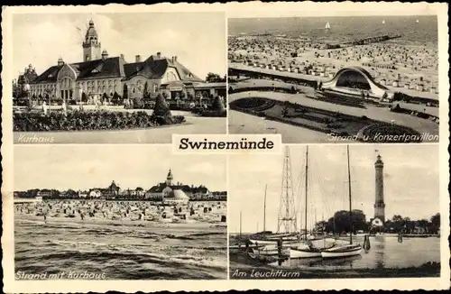 Ak Świnoujście Swinemünde Pommern, Strand, Kurhaus, Leuchtturm, Konzertpavillon, Kurhaus