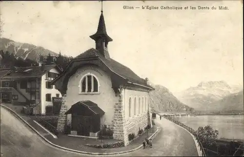 Ak Glion Kanton Waadt, L'Eglise Catholique, Kirche, Weg, Dents du Midi