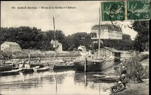 Ak Sablé sur Sarthe, Rives de la Sarthe et Château