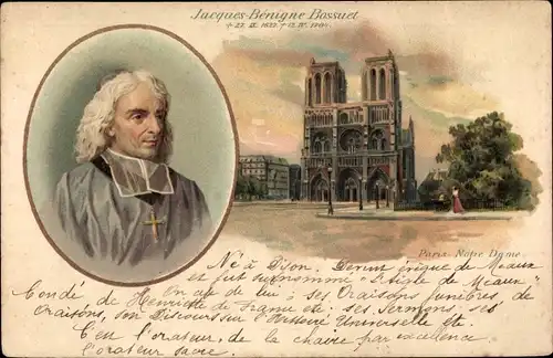 Litho Paris IV Ile de la Cité, Cathédrale Notre Dame, Jacques Bénigne Bossuet