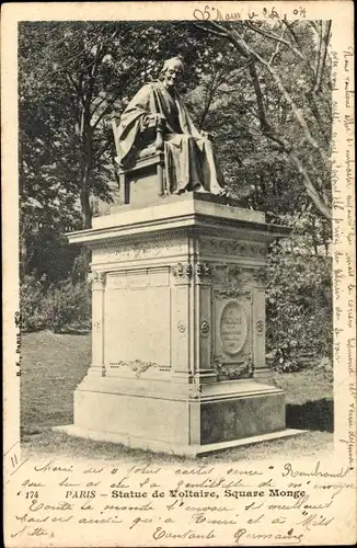 Ak Paris V, Square Monge, Square Paul Langevin, Statue de Voltaire