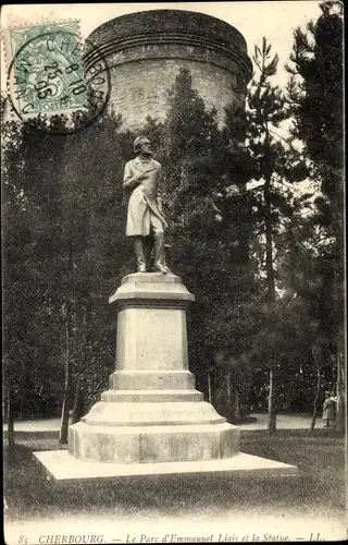 Ak Cherbourg Manche, Le Parc d'Emmanuel Liais et la Statue