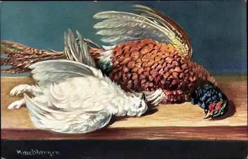 Künstler Ak Erlegtes Geflügel, Fasan und Taube