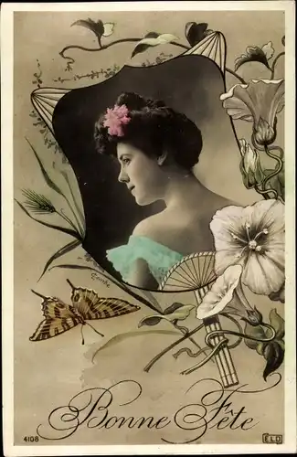 Passepartout Ak Glückwunsch, Bonne Fete, Frauenportrait, Schmetterling, Blumen