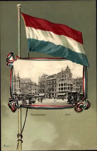 Ak Amsterdam Nordholland Niederlande, Dam, Niederländische Fahne