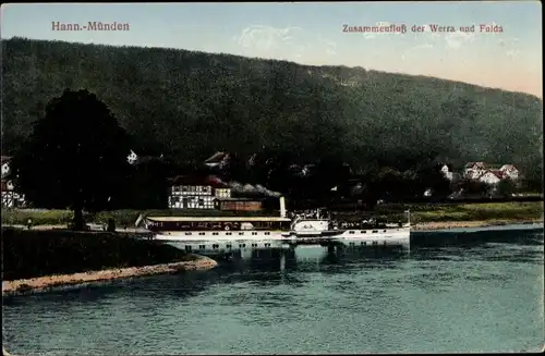 Ak Hann. Münden in Niedersachsen, Zusammenfluss der Werra und Fulda, Salondampfer