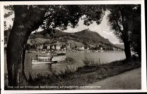 Ak Bad Godesberg Bonn am Rhein, Blick v. d. Promenade auf Drachenfels und Königswinter