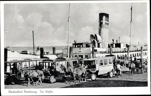 Ak Norderney in Ostfriesland, Partie am Hafen, Dampfer, Kutschen