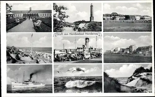 Ak Norderney, Dampfschiff, Strandaufnahmen, Leuchtturm, Möwe, Dünen