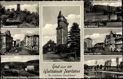 Ak Iserlohn Märkischer Kreis, Danzturm, Bismarckturm, Heidebad, Franzosenohl