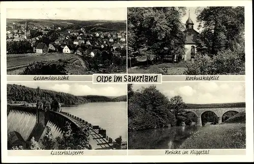 Ak Olpe Meschede Sauerland, Gesamtansicht, Listertalsperre, Brücke im Biggetal, Rochuskapelle