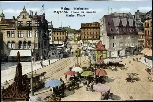 Ak Mainz Rheinland Pfalz, Blick auf den Marktplatz, Sonnenschirme