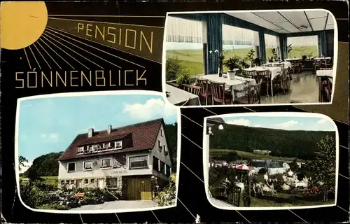 Ak Reddingshausen Knüllwald in Hessen, Pension Sonnenblick, Außen u. Innenansicht, Panorama vom Ort