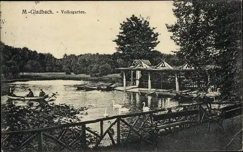 Ak Mönchengladbach am Niederrhein, Volksgarten, Weiher, Schwäne, Ruderboot