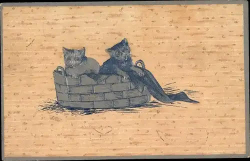Präge Ak Zwei Katzen in einem Korb