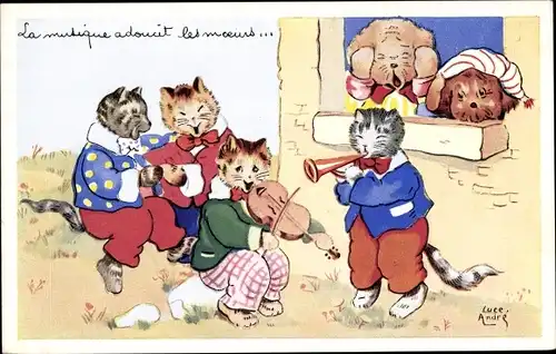 Künstler Ak André, Luce, Vermenschlichte Katzen musizieren, Hunde halten sich die Ohren zu