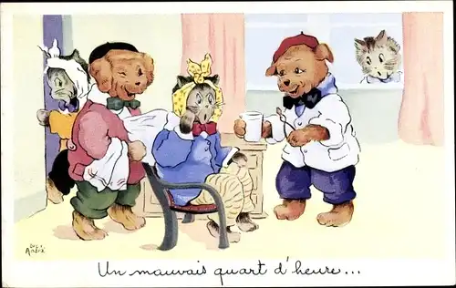 Künstler Ak André, Luce, Vermenschlichte Katzen und Hunde, Zahnarzt