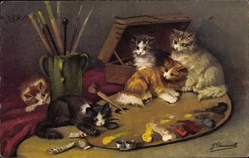 Künstler Ak Kleine Katzen auf einer Malerpalette