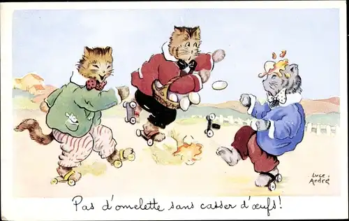 Künstler Ak André, Luce, Vermenschlichte Katzen auf Rollschuhen, Korb mit Eiern