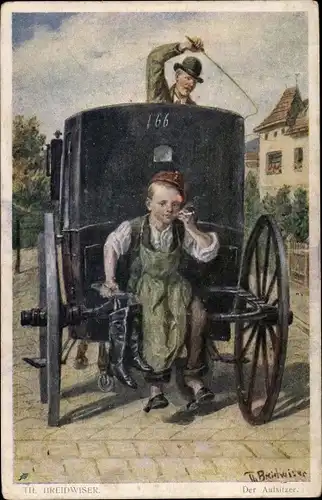 Künstler Ak Breidwiser, Th., Der Aufsitzer, Schusterlehrling auf einer Kutsche, Zigarette