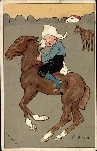 Künstler Ak John, K., Junge reitet auf einem jungen Pferd