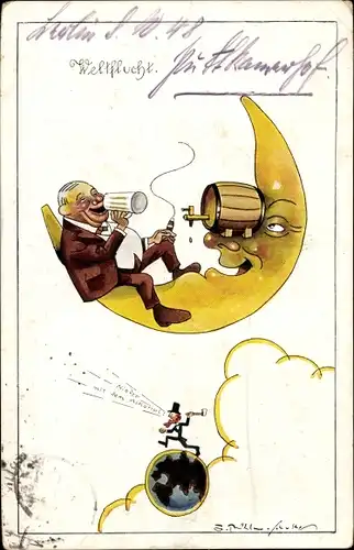 Künstler Ak Weltflucht, Mann mit Bierglas und Zigarre auf Mondsichel, Mondgesicht, Bierfass