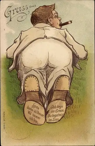 Ak Stets denke ich Deiner wo immer ich bin Ich liege im Gras du liegst mir im Sinn, Mann, Hosenboden