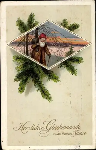 Ak Glückwunsch Neujahr, Mann mit Bündel, Winterlandschaft, Tannenzweig