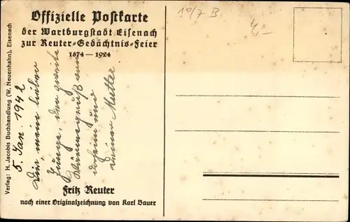 Künstler Ak Bauer, Karl, Fritz Reuter, Portrait, Reuter Gedächtnisfeier Eisenach 1874-1924