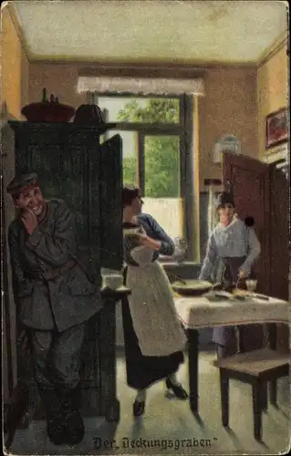 Künstler Ak Der Deckungsgraben, Immer Fachmann, Militärische Fachausdrücke, Soldat versteckt sich