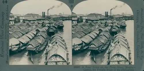 Stereo Ak Manila Philippinen, Pasig River, Filipino Cascoes, Freight Boats on the River Front