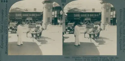 Stereo Ak Manila Philippinen, Street Scene, Primitive Transportation, Ochsenkarren, Automobil