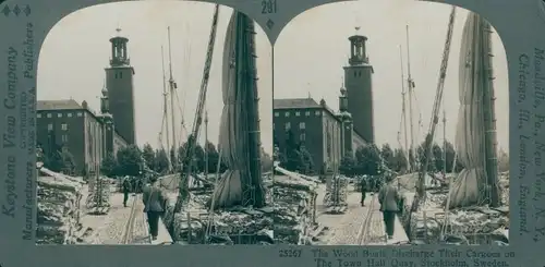 Stereo Ak Stockholm Schweden, Town Hall Quay, Wood Boats discharge their cargoes